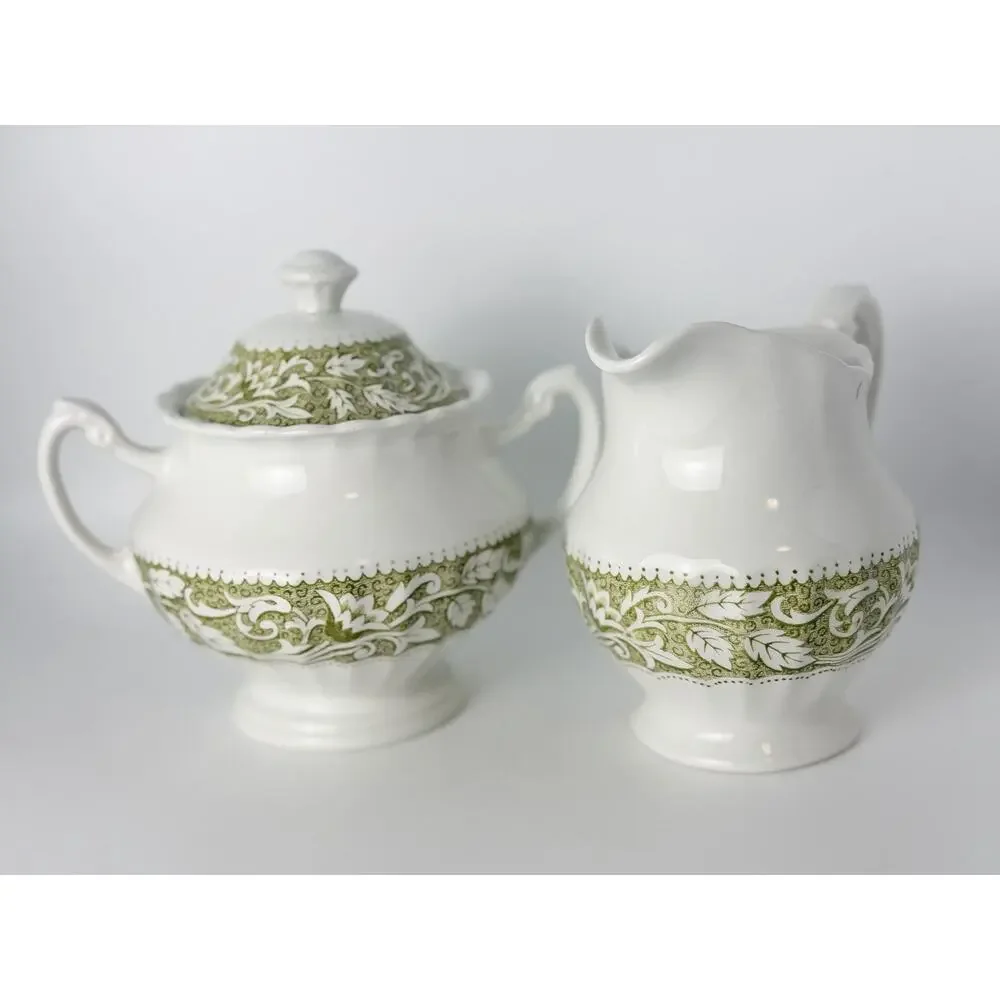 J & G Meakin 'Lucerne' White Ceramic Sugar & Cream Set w Olive Green/Leaf Border